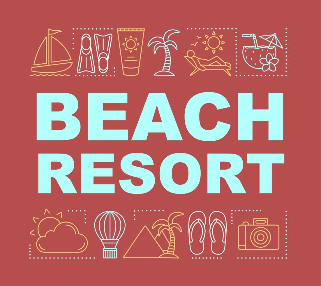 Beach resort word concepts banner. Family time together. Marine travel. Presentation, website. Maritime trip. Vacation. Isolated lettering typography idea, linear icons. Vector outline illustration