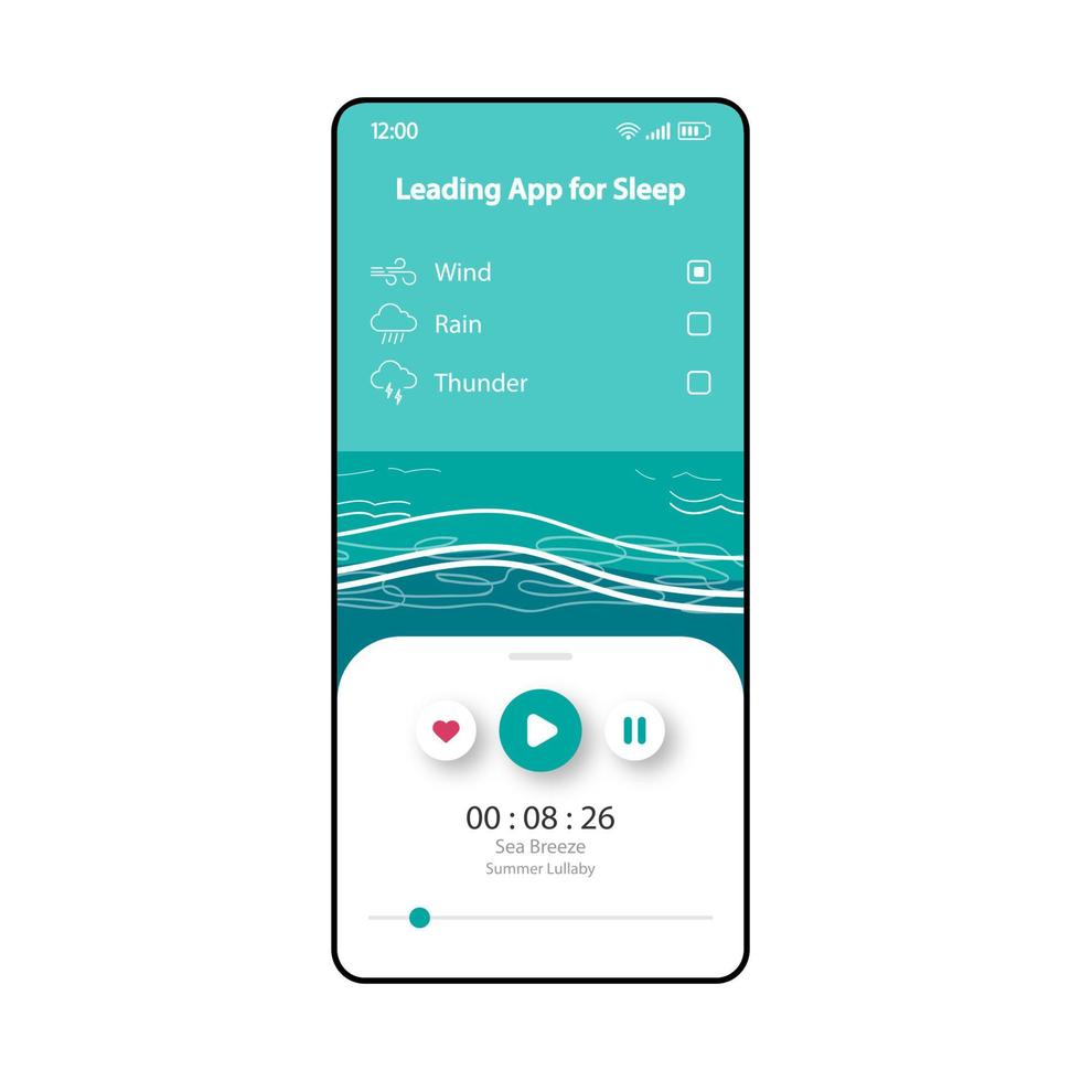 Leading app for sleep smartphone interface vector template. Mobile app page turquoise, white design layout. Soothing sounds of nature screen. Flat UI for application. Wind and thunder. Phone display