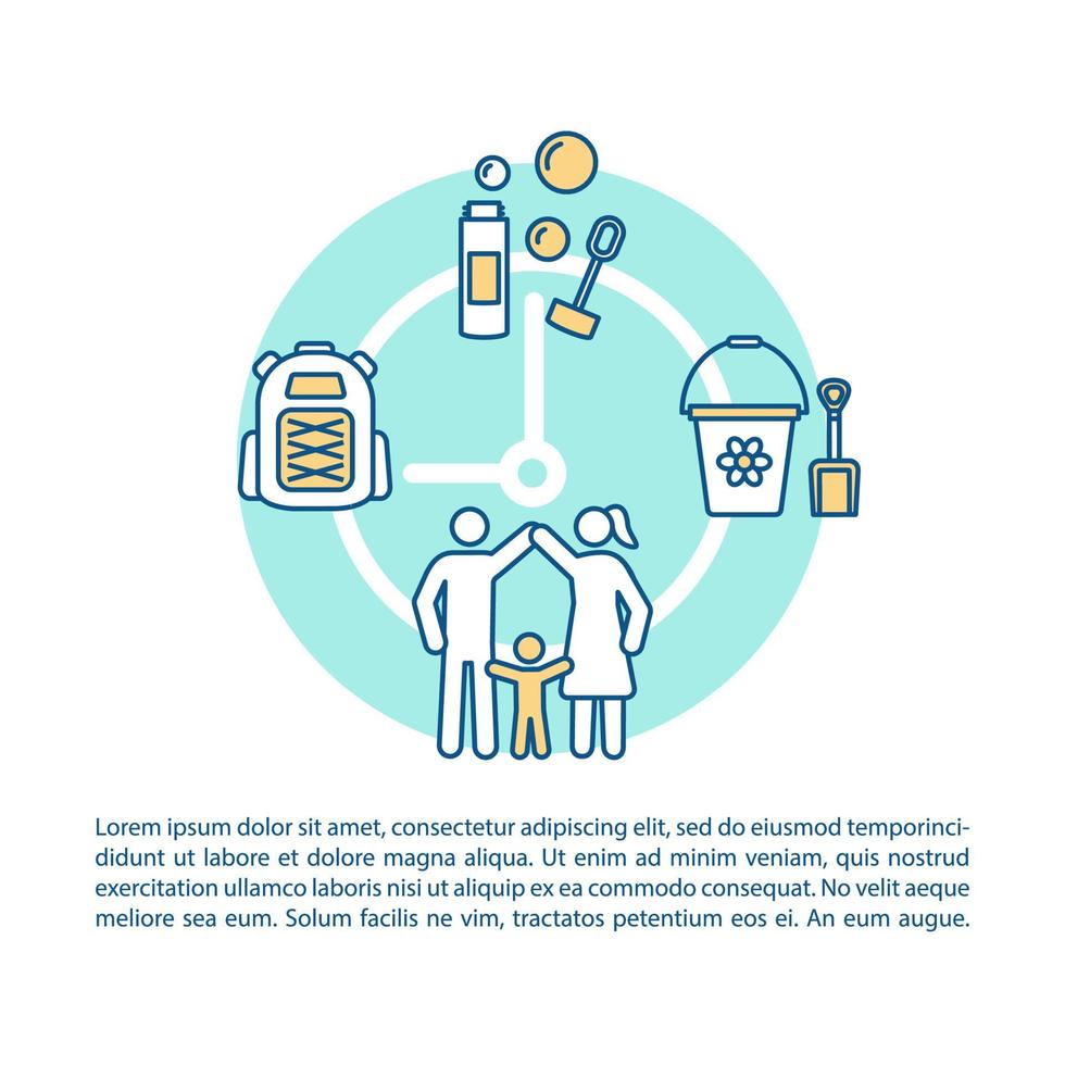 Family time article page vector template. Bubble blower. Hiking. Brochure, magazine, booklet design element, linear icons and text boxes. Print design. Concept illustrations with text space