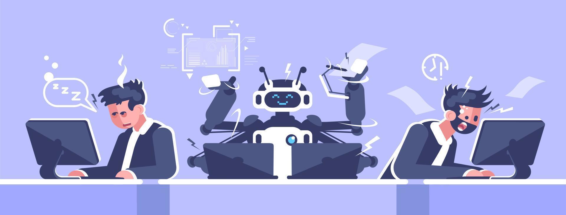Ilustración de vector plano de trabajador de oficina de ai. empleado robótico vs concepto de gerentes humanos estresados. robot que trabaja con el personaje de dibujos animados de computadoras portátiles. inteligencia artificial en el lugar de trabajo. revolución robótica
