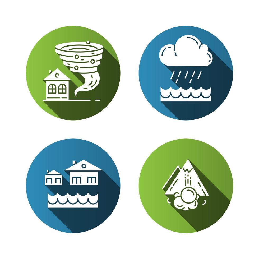 Conjunto de iconos de glifos de larga sombra de diseño plano de desastres naturales. peligro de cambios climáticos globales. tornado, inundación, aguacero, avalancha. catástrofes geológicas, atmosféricas. ilustración de silueta de vector