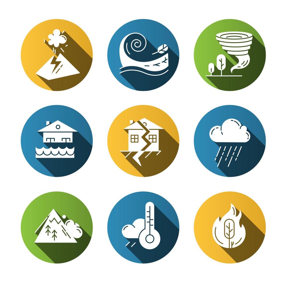 Conjunto de iconos de glifos de larga sombra de diseño plano de desastres naturales. terremoto, incendio forestal, tsunami, tornado, avalancha, inundación, aguacero, erupción volcánica. ilustración de silueta de vector