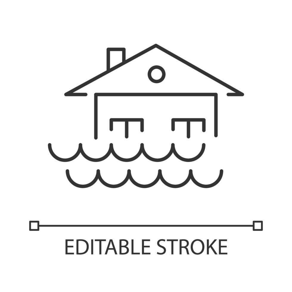 Flood linear icon. Overflow of water. Sinking house. Submerged building. Natural disaster. Thin line illustration. Contour symbol. Vector isolated outline drawing. Editable stroke