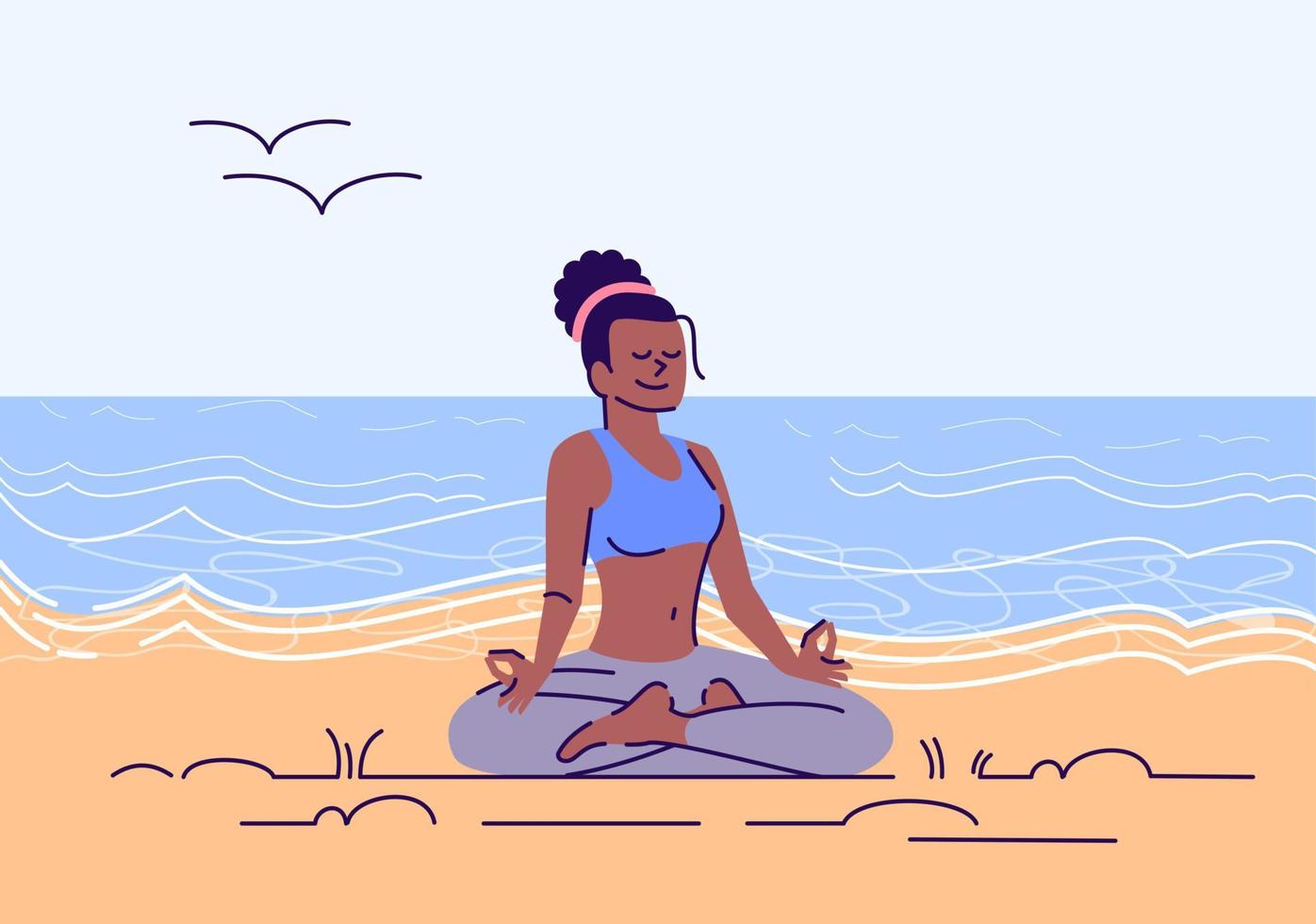 Girl meditating in lotus position flat vector illustration. Yoga practice on sea beach. Body and mind harmony. Young african american woman sitting in padmasana exercise cartoon character