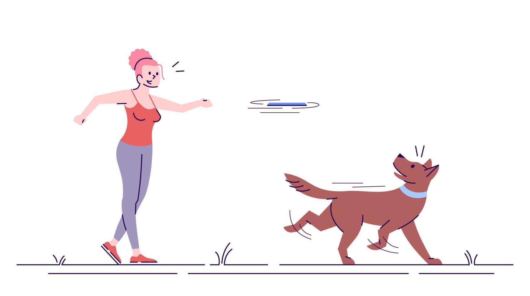 Happy caucasian girl playing with dog flat vector illustration. Outdoor activity. Young joyful woman throwing toy to pet isolated cartoon character with outline elements on white background