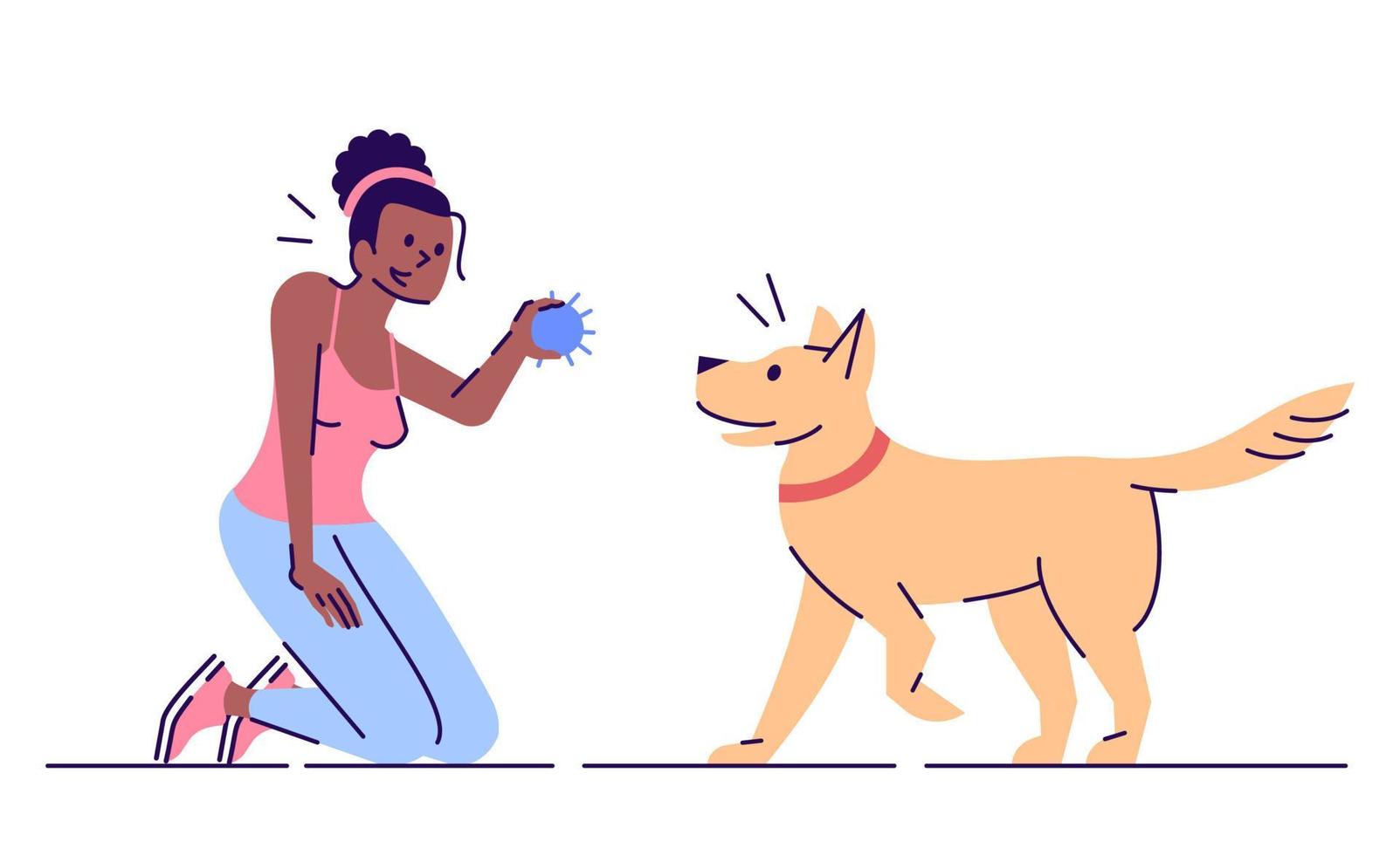 Young woman having fun with dog flat vector illustration. Active leisure. Smiling african american girl and faithful playful pet isolated cartoon character with outline elements on white background