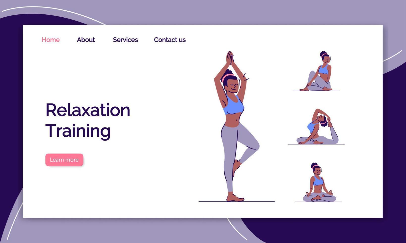 plantilla de vector de página de destino de entrenamiento relajante. idea de interfaz de sitio web de práctica de yoga con ilustraciones planas. diseño de página de inicio de equilibrio físico y mental. banner web de salud, concepto de dibujos animados de página web