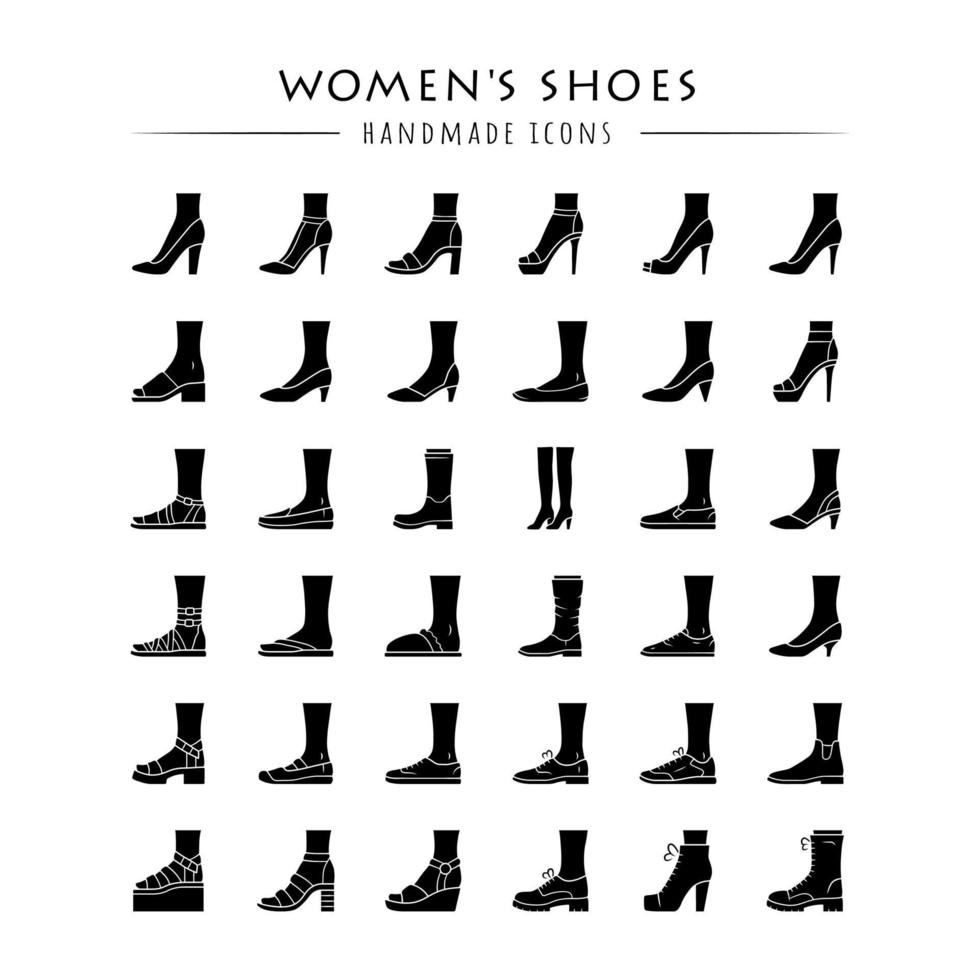 Conjunto de iconos de glifo de zapatos de mujer. moda femenina, calzado de moda de verano y otoño. tacones de aguja, sandalias, bombas. botas de invierno y otoño. símbolos de silueta. vector ilustración aislada