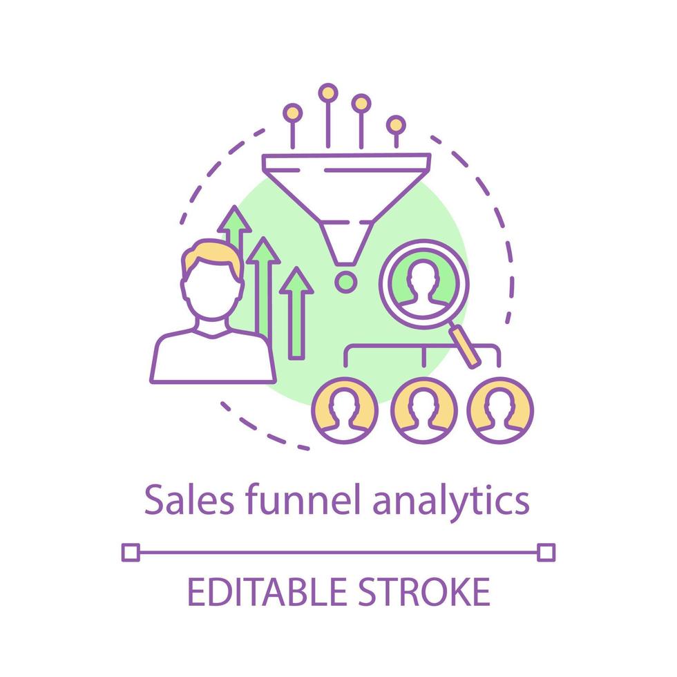 Sales funnel analytics concept icon. Conversions optimization thin line illustration. Customer attraction. Website traffic growth. Lead generation. Vector isolated outline drawing. Editable stroke