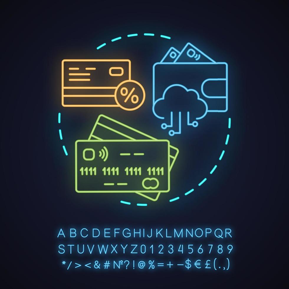 Debit and credit cards neon light concept icon. Banking. Financial transactions. Finance management idea. Glowing sign with alphabet, numbers and symbols. Vector isolated illustration
