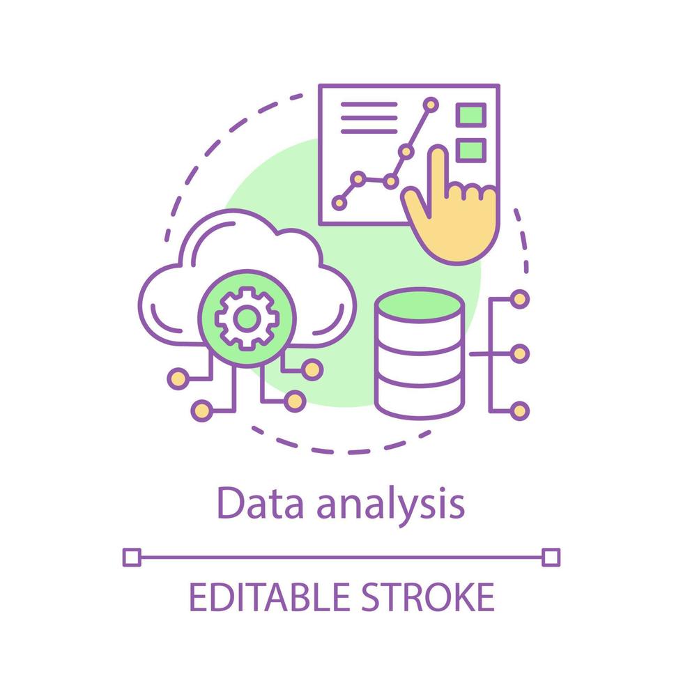 icono del concepto de análisis de datos. Ilustración de línea fina de idea de computación en la nube. servidor de datos. base de datos. aprendizaje automático. dibujo de contorno aislado vectorial. trazo editable vector