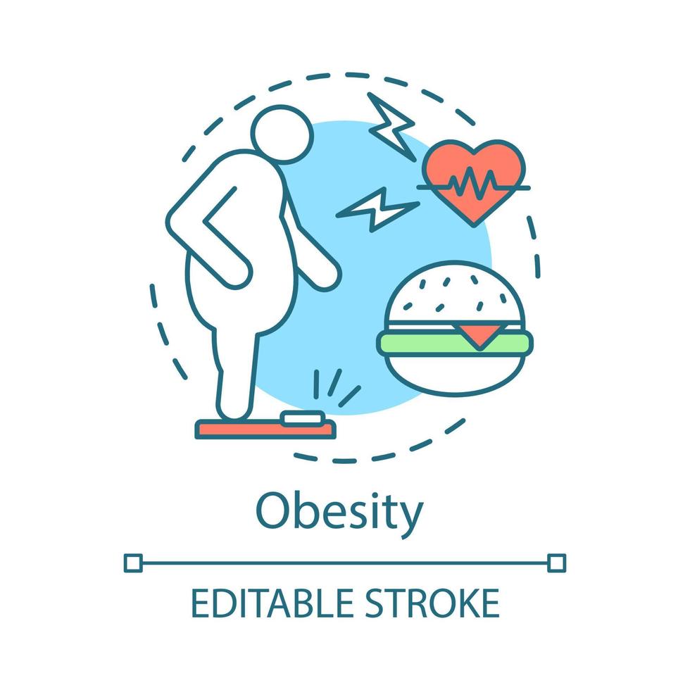 Obesity concept icon. Overweight idea thin line illustration. Increased body fat leads to cardiovascular system problems. Unhealthy eating, lifestyle. Vector isolated outline drawing. Editable stroke