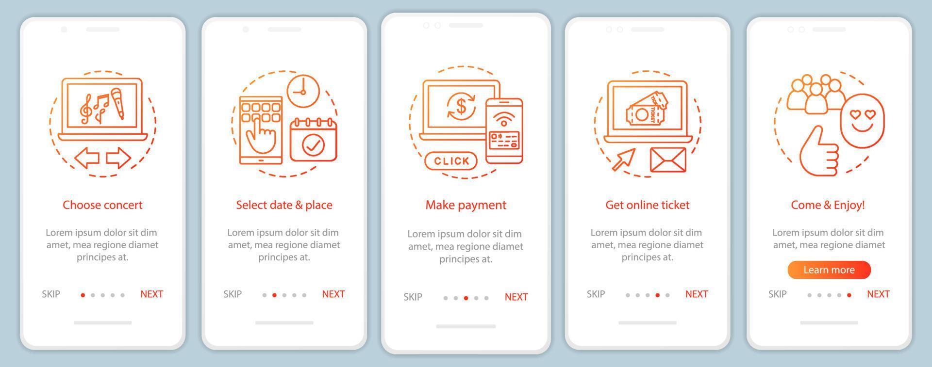 Concert onboarding mobile app page screen vector template. Show online ticket payment. Music event. Walkthrough website steps with linear illustrations. UX, UI, GUI smartphone interface concept