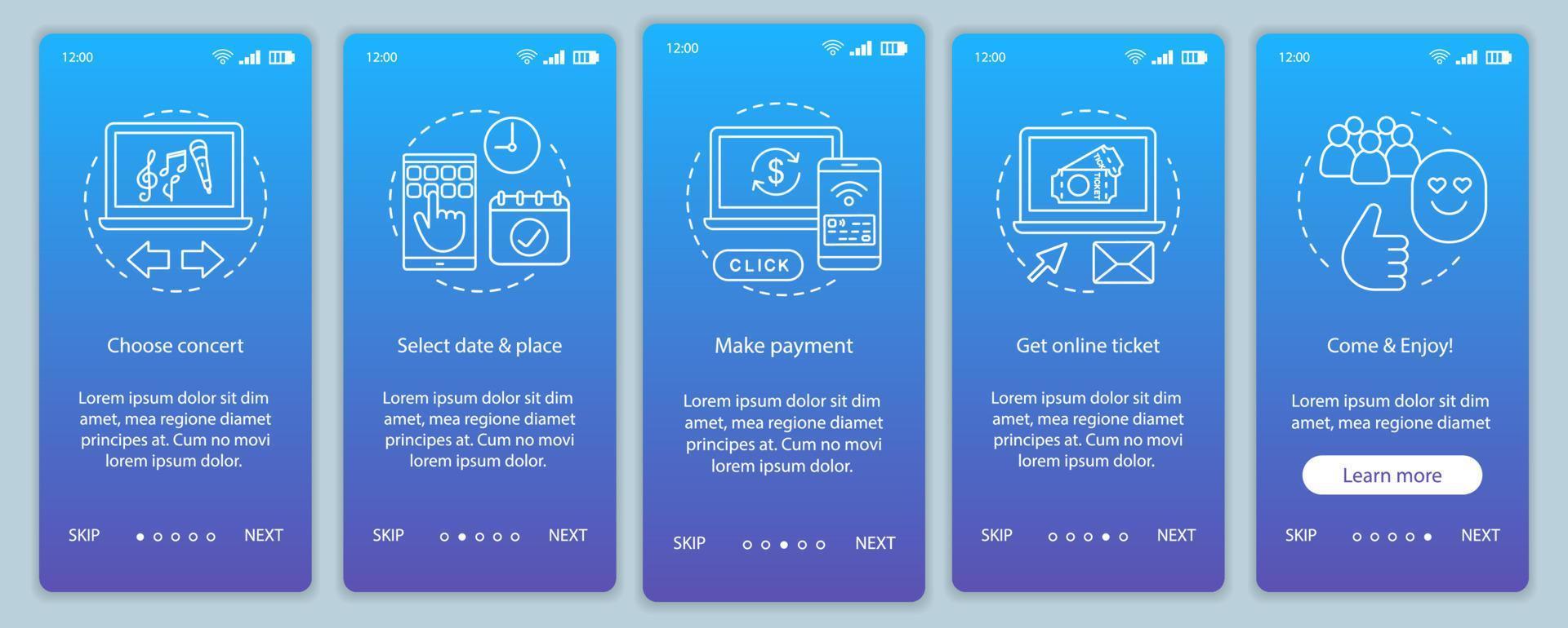 Concert onboarding mobile app page screen vector template. Performance online ticket payment. Show event. Walkthrough website steps with linear illustrations. UX, UI, GUI smartphone interface concept