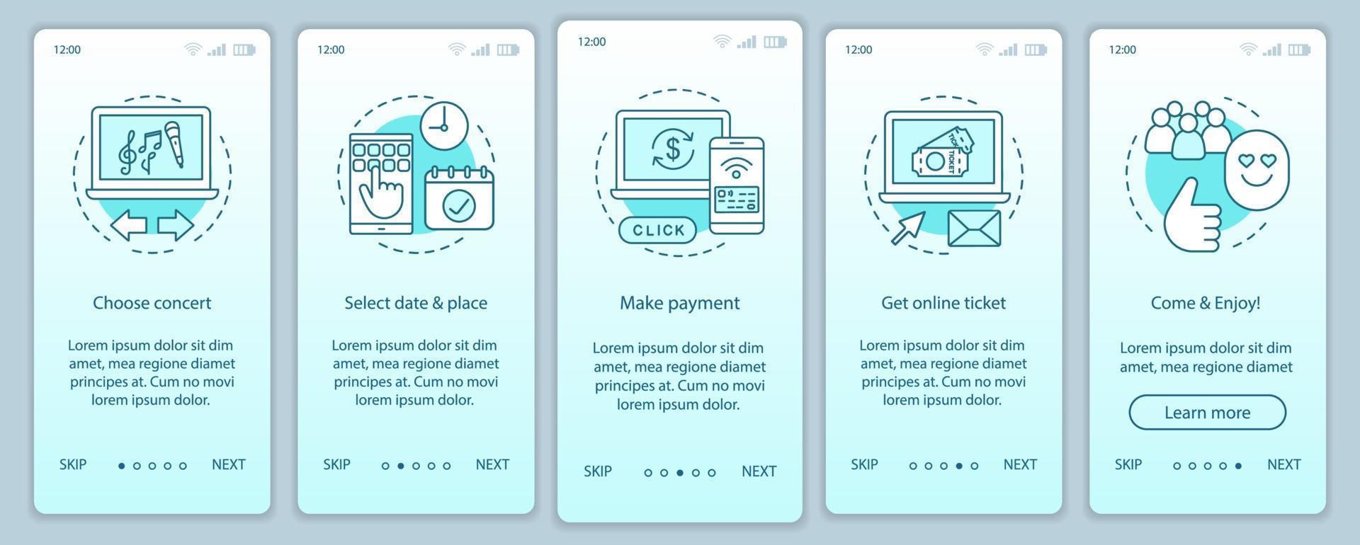 Concert onboarding mobile app page screen vector template. Performance online ticket payment. Musical event. Walkthrough website steps, linear illustrations. UX, UI, GUI smartphone interface concept