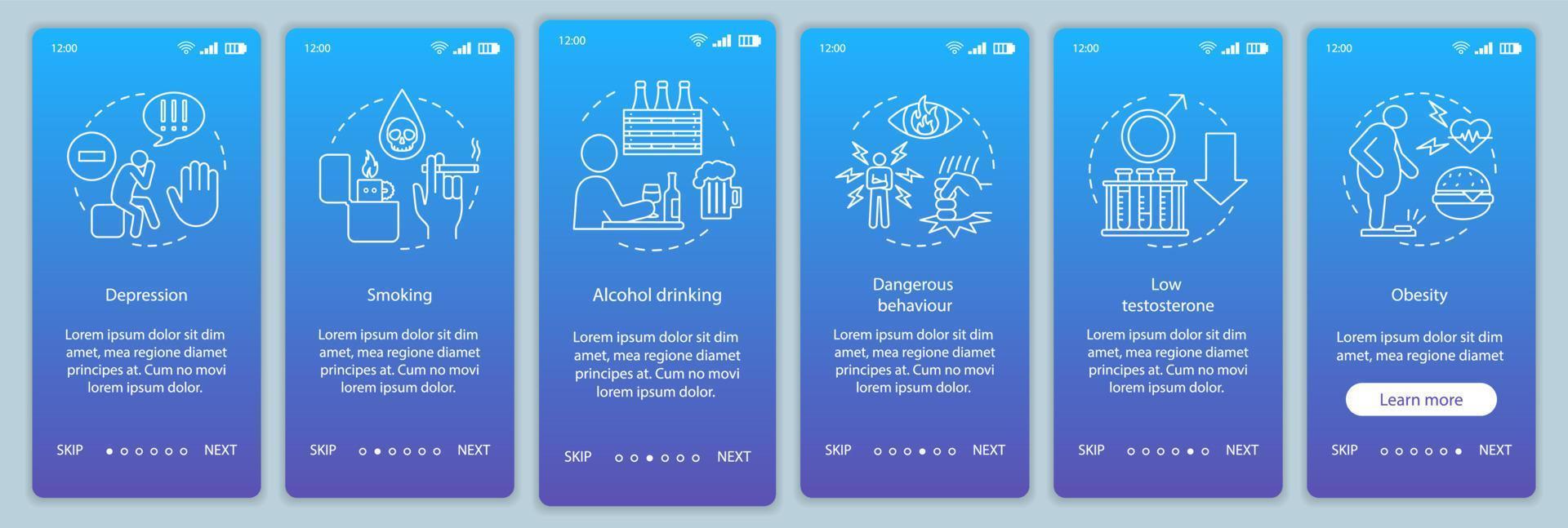 Men's health risks factors onboarding mobile app page screen vector template. Smoking, obesity, alcohol. Walkthrough website steps with linear illustrations. UX, UI, GUI smartphone interface concept