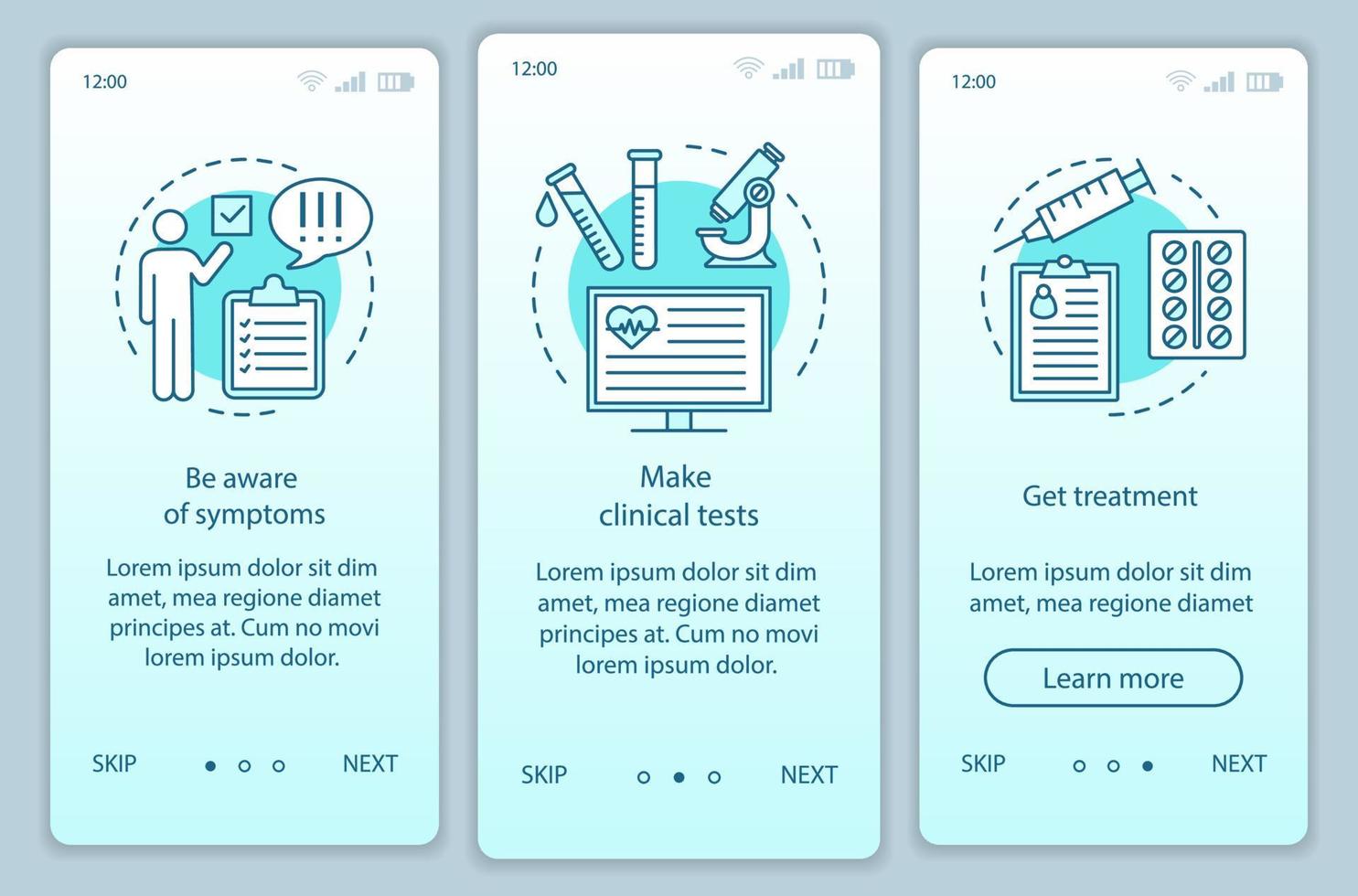 Medical screening onboarding mobile app page screen vector template. Make tests, get treatment. Walkthrough website steps with linear illustrations. UX, UI, GUI smartphone interface concept