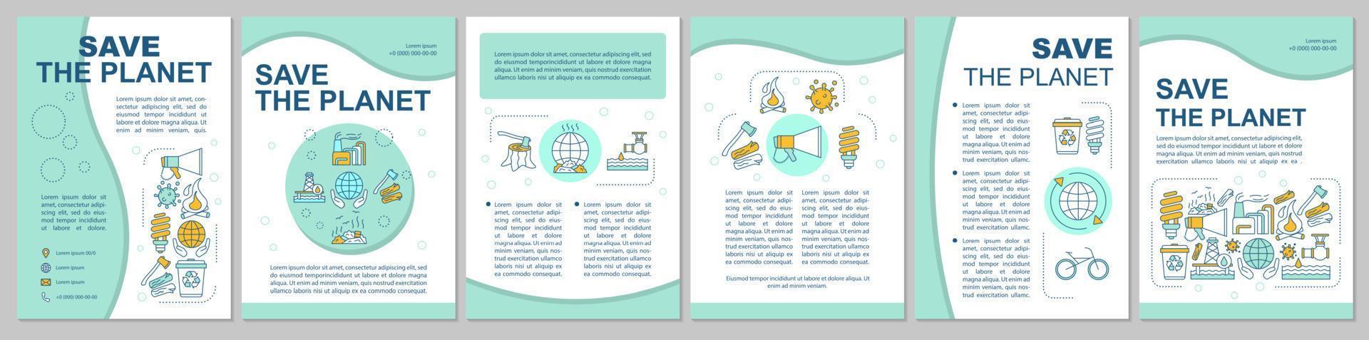 Save planet brochure template layout. Environmental issues. Flyer, booklet, leaflet print design with linear illustrations. Ecology. Vector page layouts for magazines, reports, advertising posters