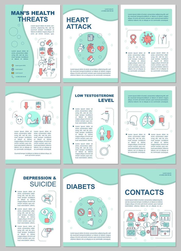 Diseño de plantilla de folleto de amenazas y riesgos para la salud de los hombres. enfermedades masculinas. folleto, folleto, diseño de impresión de folletos con ilustraciones lineales. diseños de páginas vectoriales para revistas, informes anuales, carteles vector