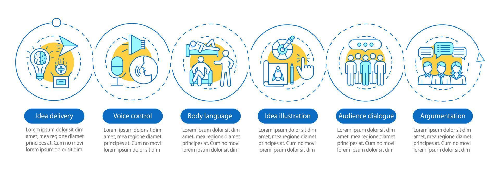 Public speaking skills vector infographic template. Idea delivery, body language, argumentation. Data visualization with six steps and option. Process timeline chart. Workflow layout with icons