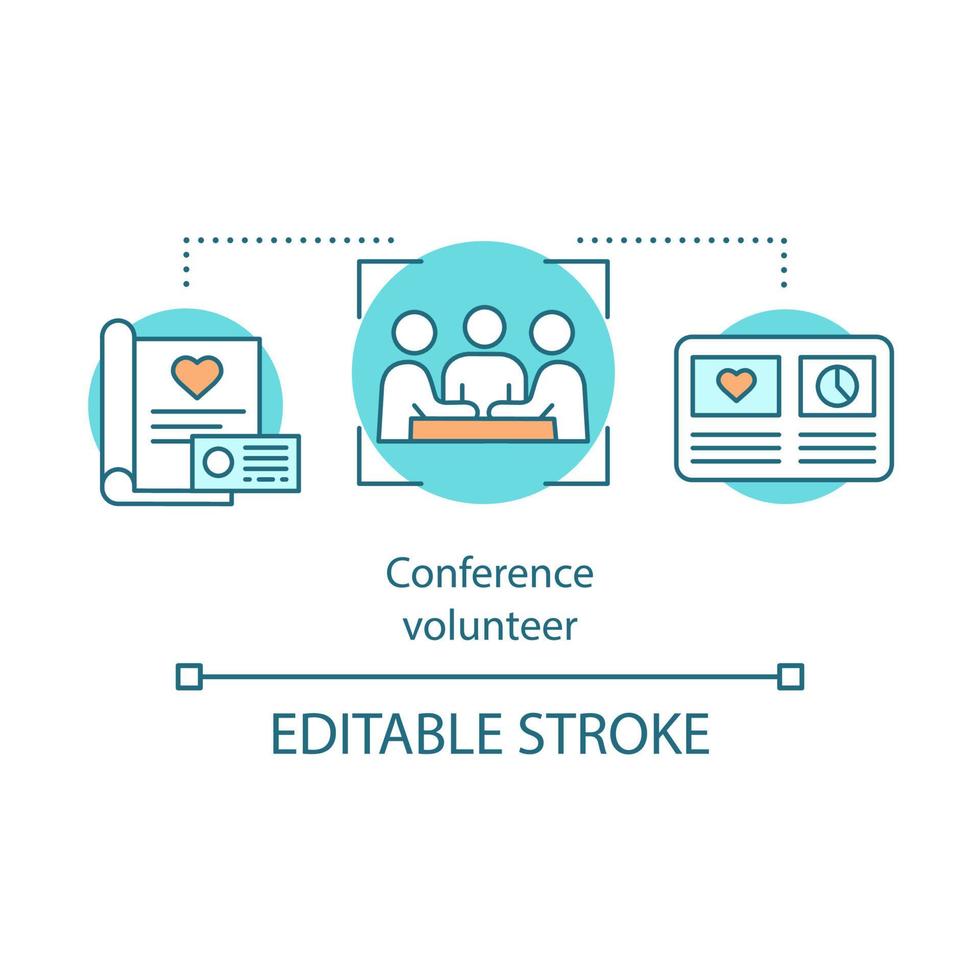 Volunteer conference concept icon. Nonprofit organization meeting. Charitable foundation idea thin line illustration. Charity association. Vector isolated outline drawing