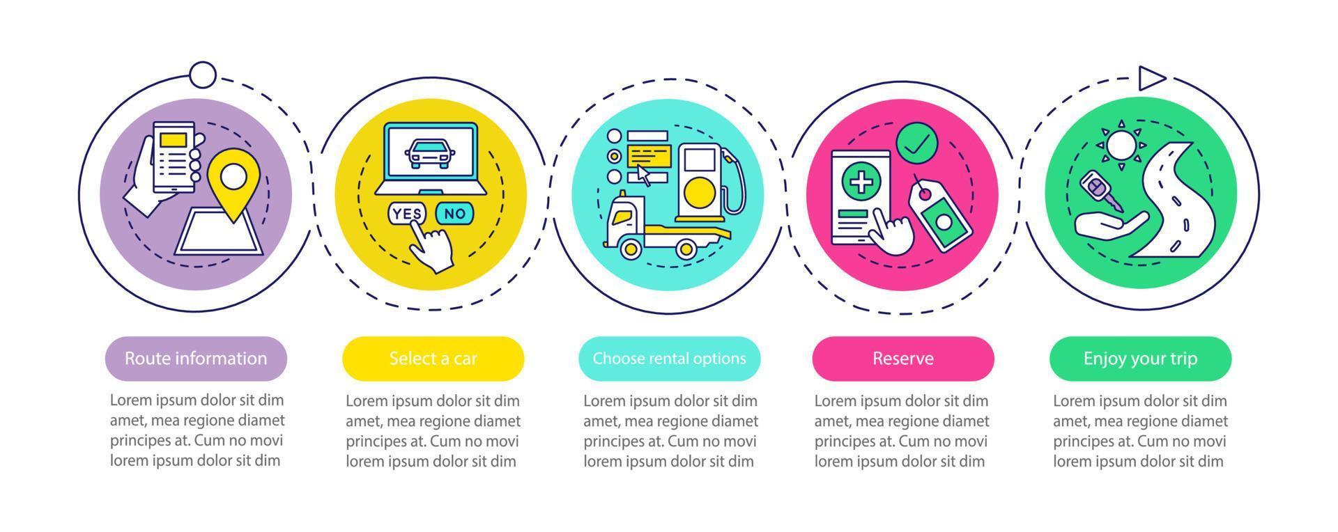 Plantilla de infografía de vector de servicio de alquiler de coches. arrendamiento de automóviles. compartir coche. alquilar un coche. visualización de datos con cinco pasos y opciones. gráfico de la línea de tiempo del proceso. diseño de flujo de trabajo con iconos