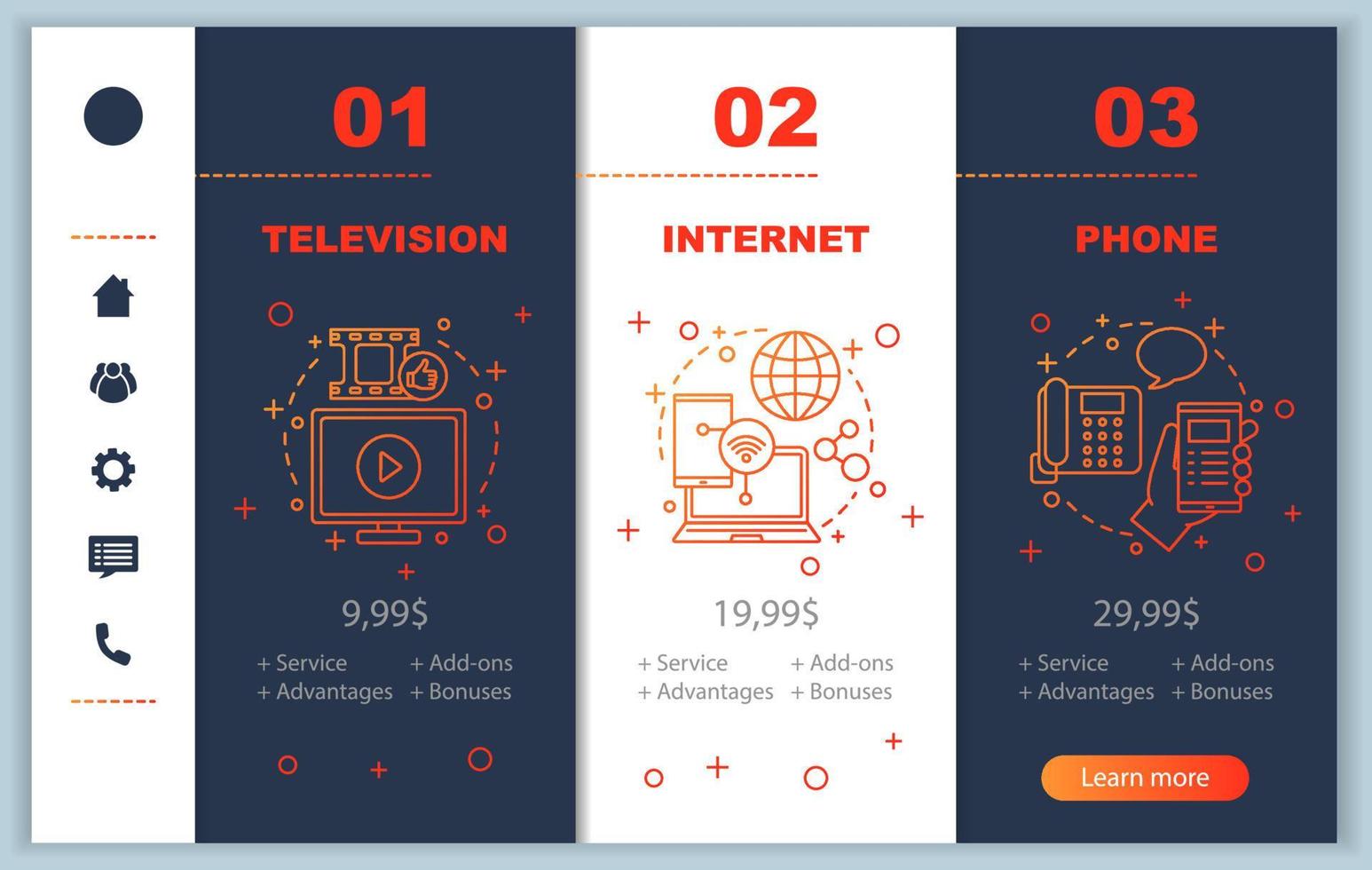 TV, Internet, paquete de teléfono, incorporación de pantallas de aplicaciones móviles con precios de servicio. plantillas de páginas de sitios web de recorridos. proveedores de servicios de comunicación planes tarifarios pasos. diseño web de pago de teléfono inteligente vector