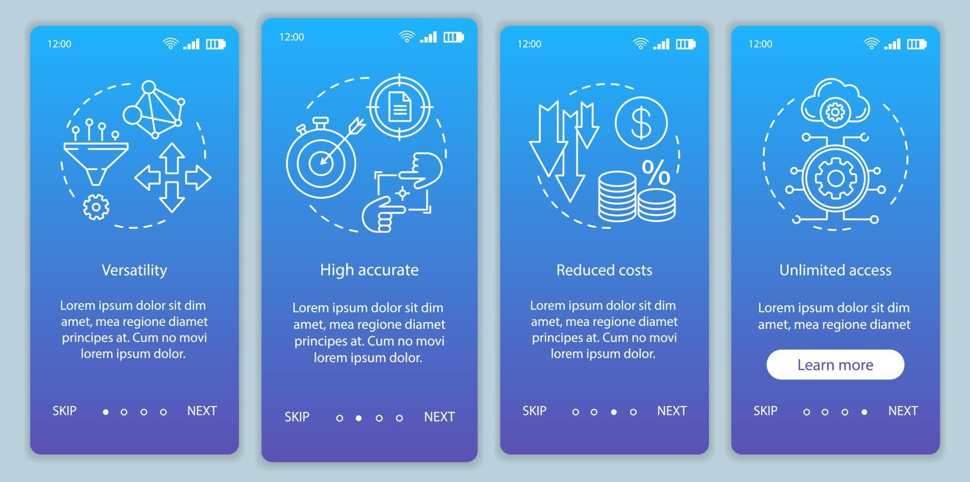 Product advantages onboarding mobile app page screen with linear concepts. Flexibility, accuracy, reduced cost walkthrough steps graphic instructions. UX, UI, GUI vector template with illustrations