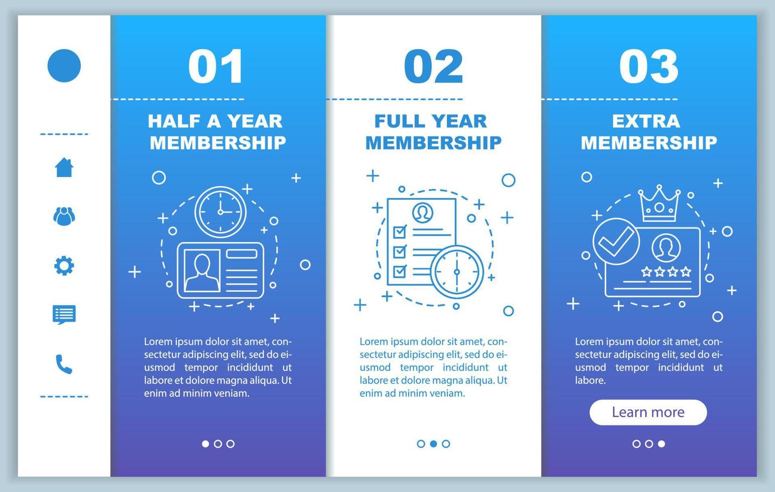 Membership prices onboarding mobile app screens vector templates. Tariff plans steps. Walkthrough website pages interface. Account registration. Smartphone subscription payment web page layout