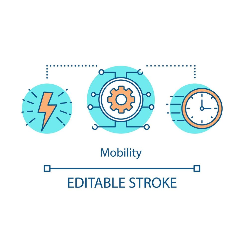 Mobility technologies concept icon. Lightning, clock face, gear, chip circuit. Speed technology. Online business advantage idea thin line illustration. Vector isolated outline drawing. Editable stroke