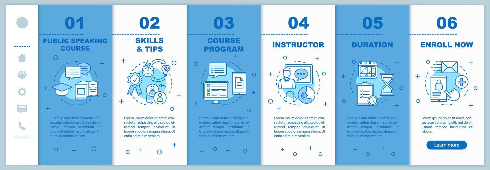 Public speaking course onboarding mobile web pages vector template. Oratory training. Responsive smartphone website interface idea with illustrations. Webpage walkthrough step screens. Color concept