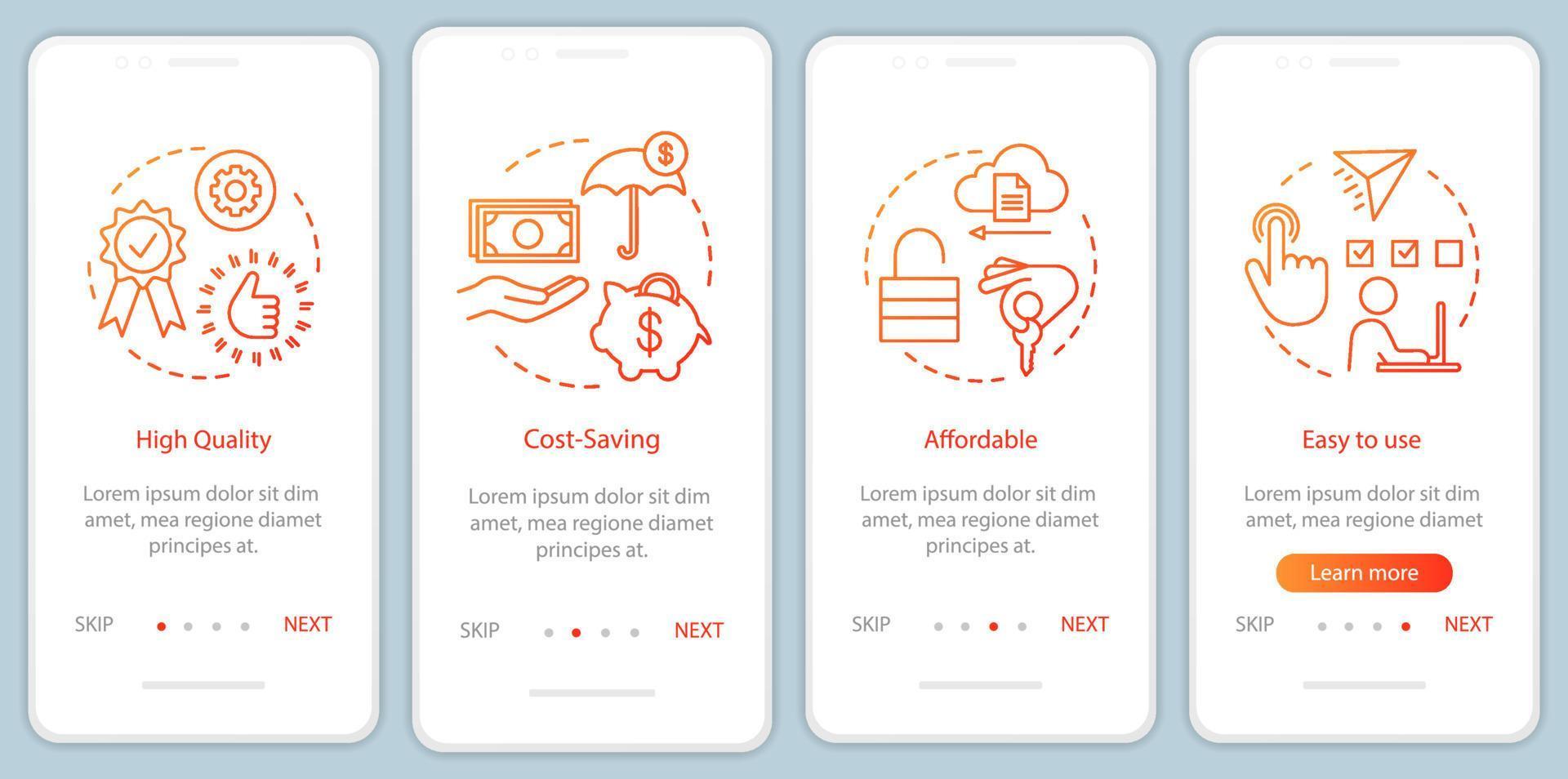 Business software advantages onboarding mobile app page screen with linear concepts. Usability of technologies walkthrough steps graphic instructions. UX, UI, GUI vector template with illustrations
