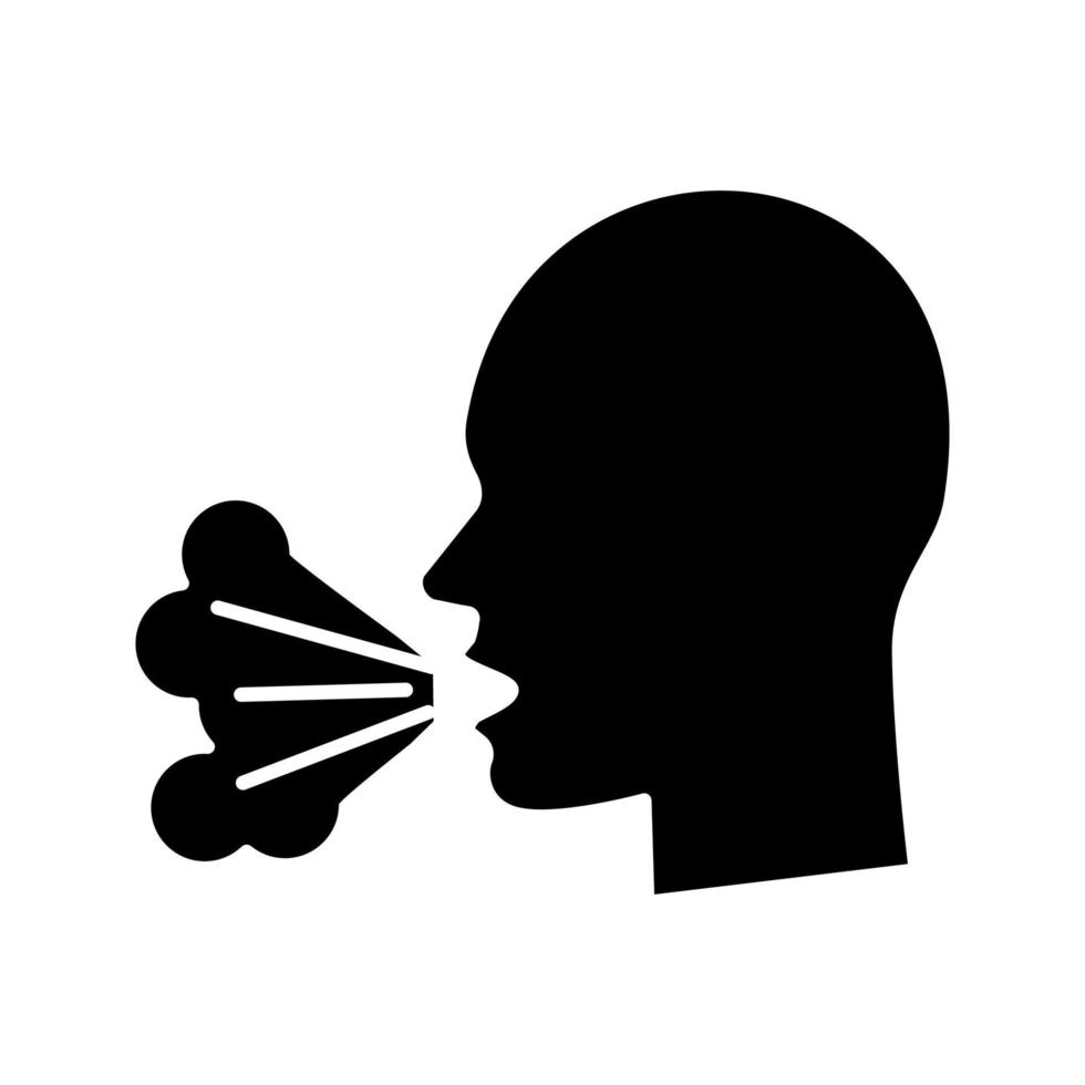 Coughing glyph icon. Silhouette symbol. Viral infection, influenza, flu, cold symptom. Bad breath. Sneezing. Tuberculosis, mumps, whooping cough. Negative space. Vector isolated illustration