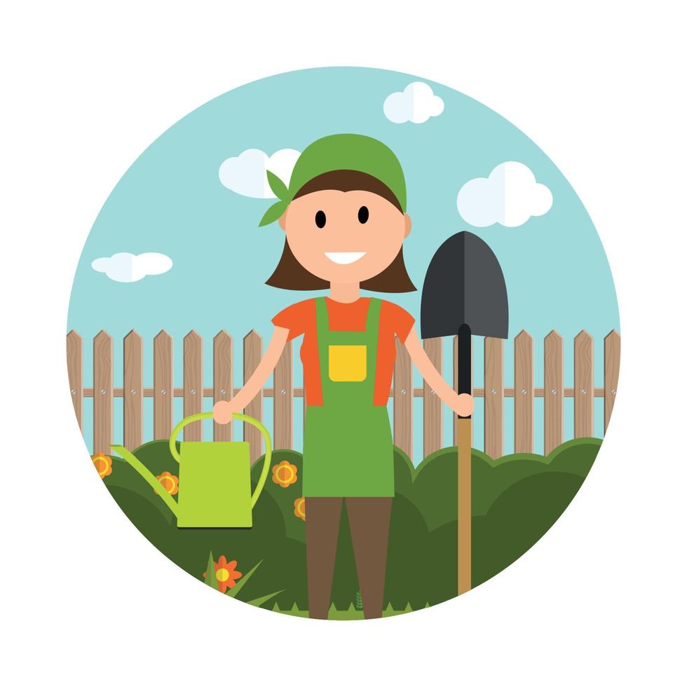 Garden Background Vector Illustration. Farmer Gardener Woman in Modern Flat Style