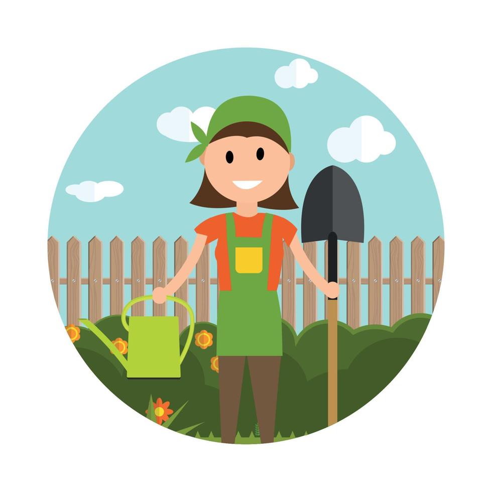 Ilustración de vector de fondo de jardín. mujer jardinero agricultor en estilo plano moderno