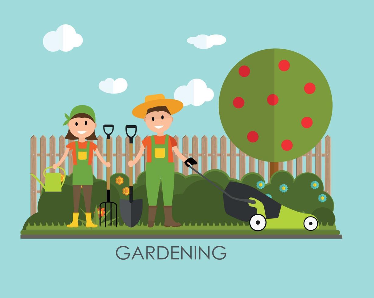 Garden Background Vector Illustration. Farmer Gardener Man and Woman in Modern Flat Style