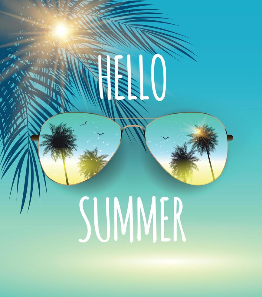 Hello Summer Background with Glass and Palm. Vector Illustration