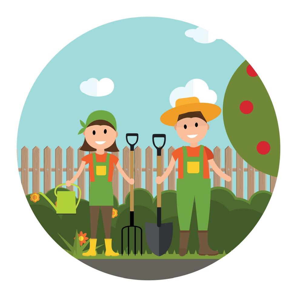 Garden Background Vector Illustration. Farmer Gardener Man and Woman in Modern Flat Style