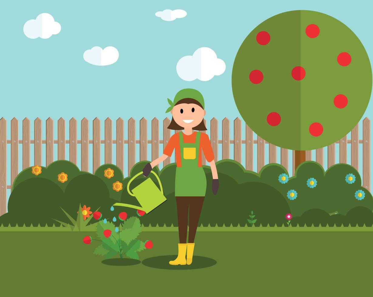 mujer de jardinero agricultor con regadera y arbusto de fresa en la ilustración de vector de estilo plano moderno