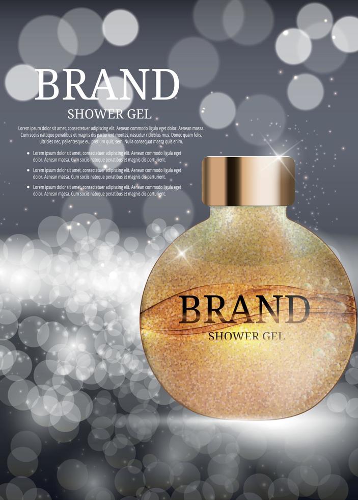 Shower Gel Bottle Template for Ads or Magazine Background. 3D Realistic Vector Iillustration