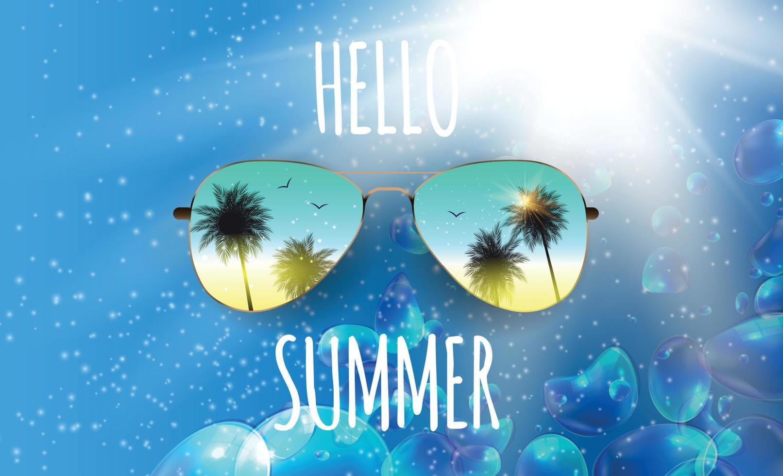 Hello Summer Background with Glass and Palm. Vector Illustration