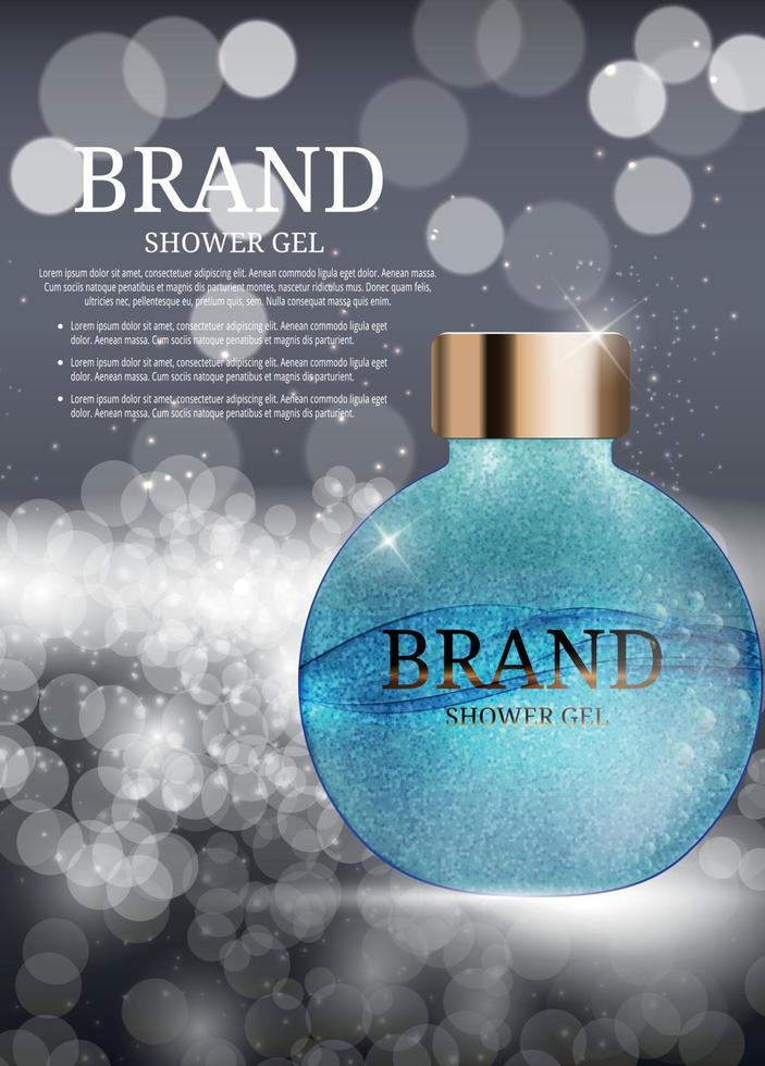 Shower Gel Bottle Template for Ads or Magazine Background. 3D Realistic Vector Iillustration
