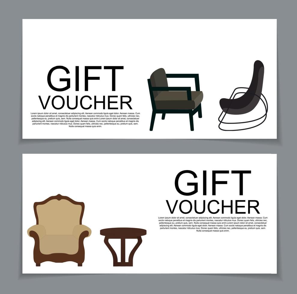 Gift Voucher Template with variation of furniture for apartments Discount Coupon. Vector Illustration.