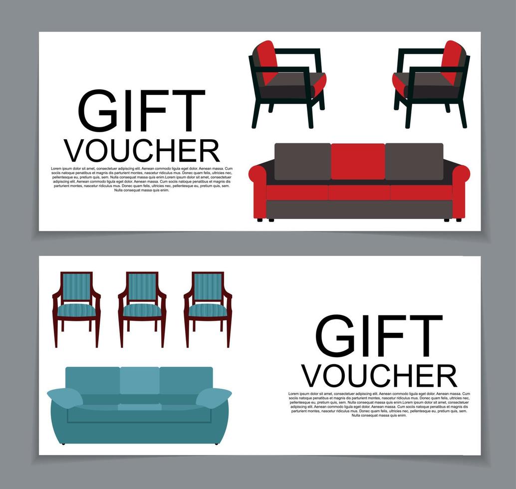 Gift Voucher Template with variation of furniture for apartments Discount Coupon. Vector Illustration.