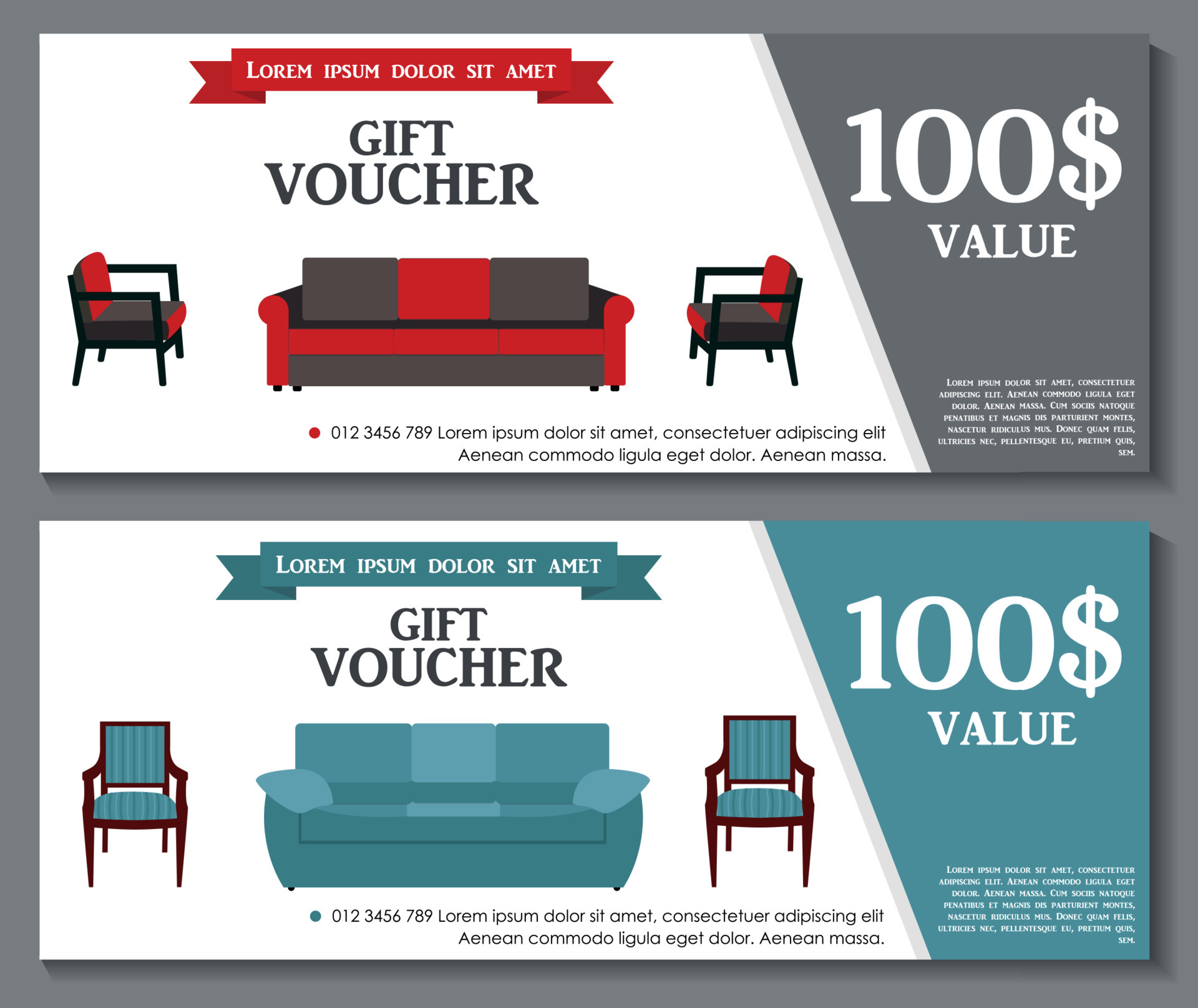 Gift Voucher Template with variation of furniture for apartments