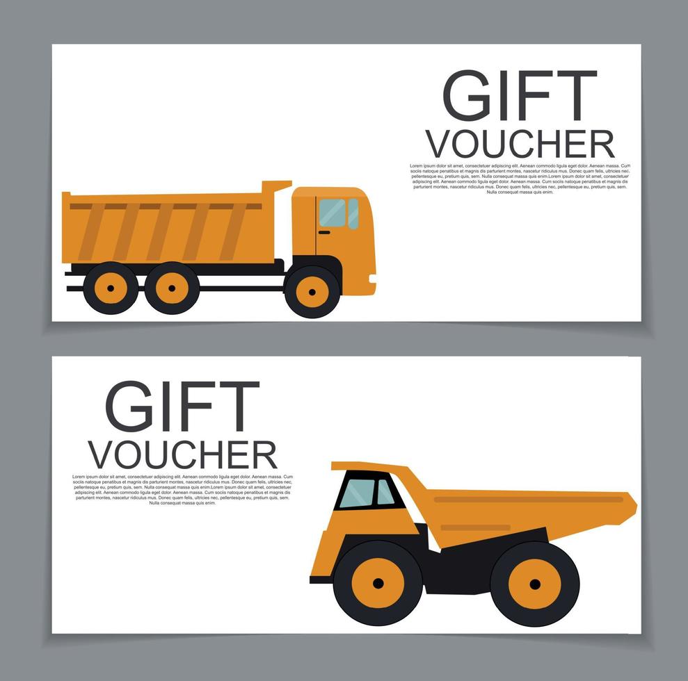 Gift Voucher Template with machines for cargo transportation in the background. Vector Illustration.