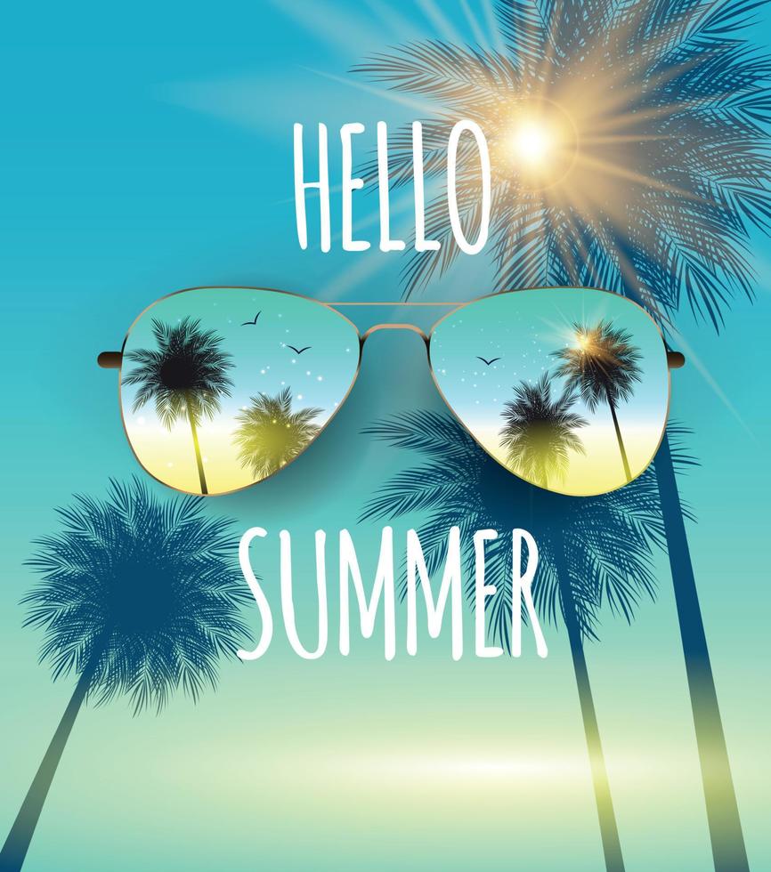 Hello Summer Background with Glass and Palm. Vector Illustration