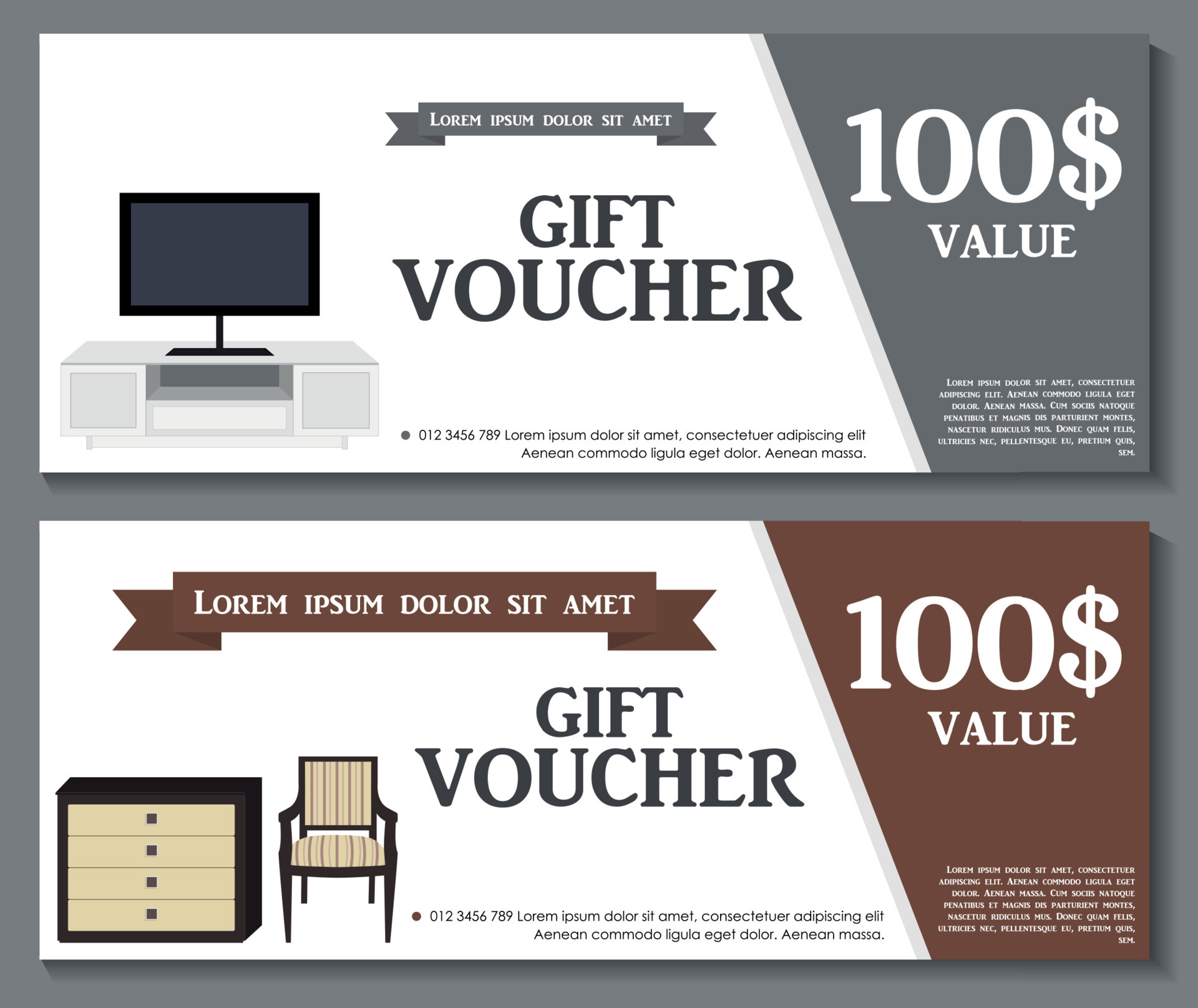 Gift Voucher Template with variation of furniture for apartments