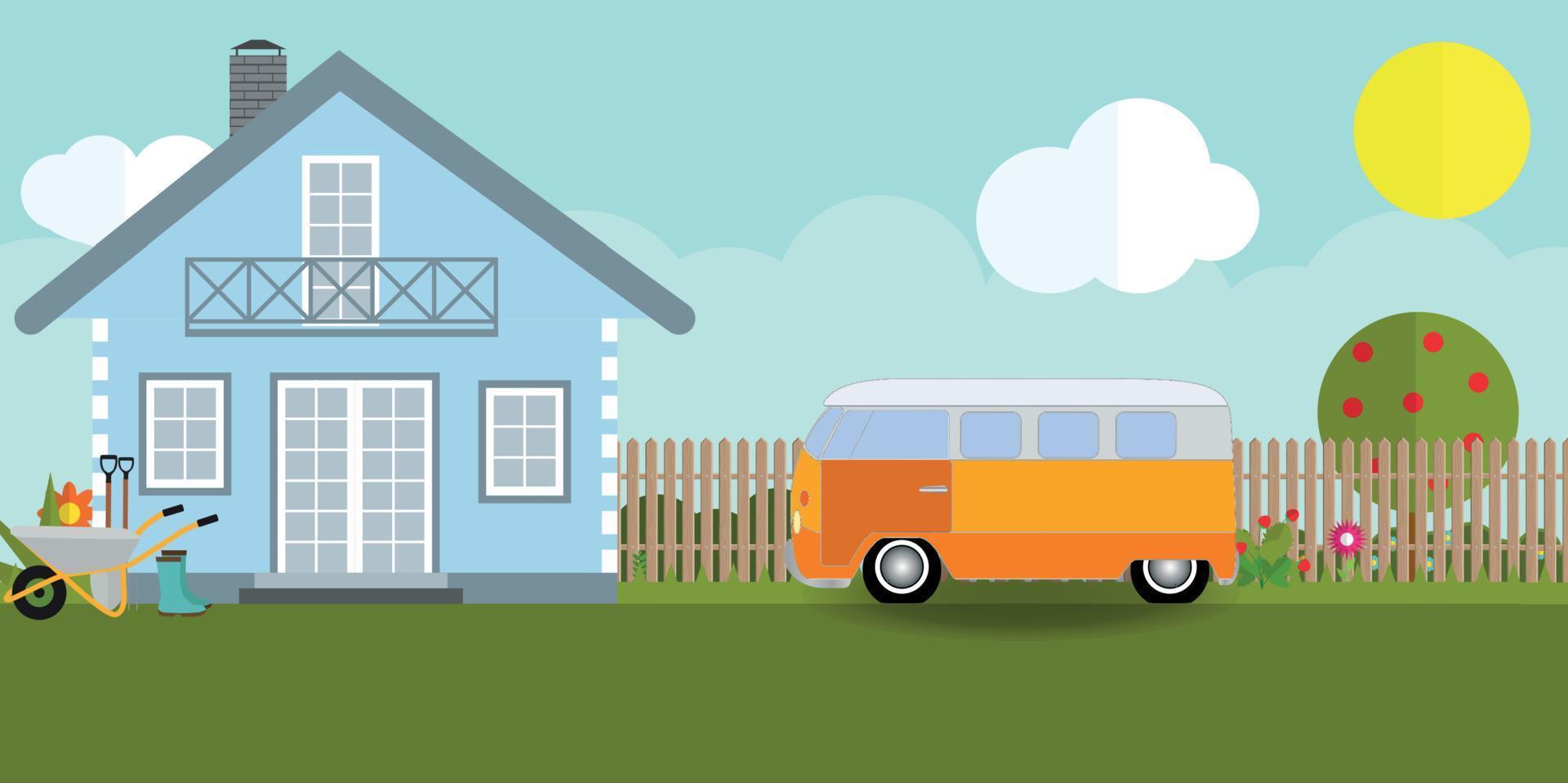 House in nature with apple trees, cars, flowers, garden tools. Vector Illustration.