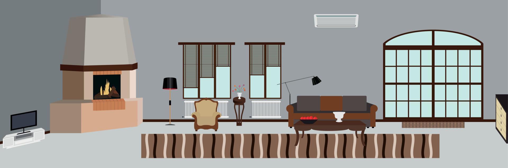 la habitacion amueblada con muebles. Ilustración de vector de estilo plano moderno.